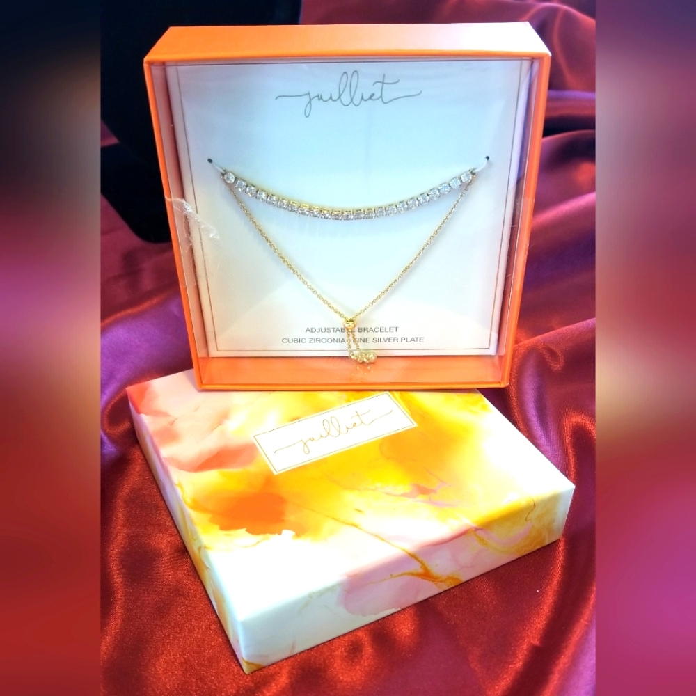 NEW Juilliet boxed gift adjustable CZ silver plated bracelet w gold dangle charm